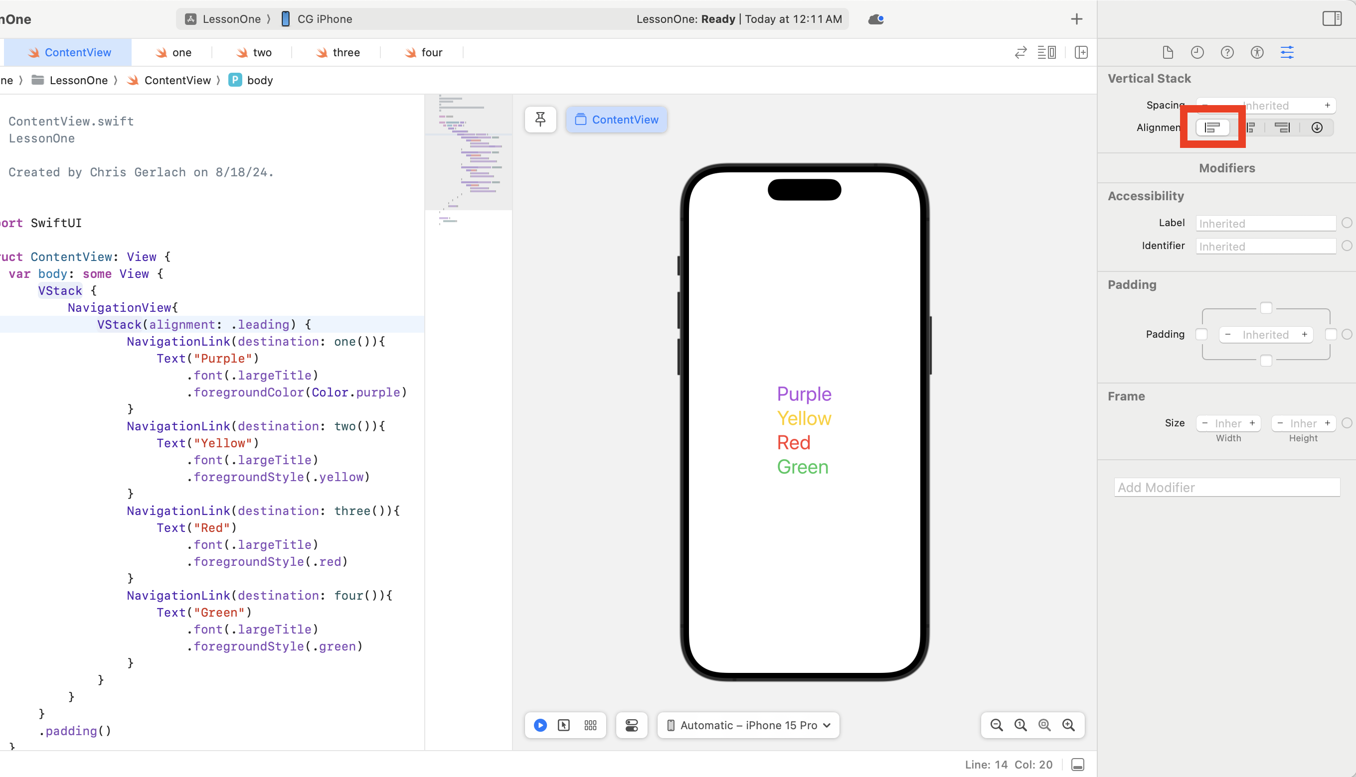 Xcode ContentView.swift editor showing SwiftUI NavigationView with four NavigationLinks displaying Purple, Yellow, Red, and Green text in matching colors